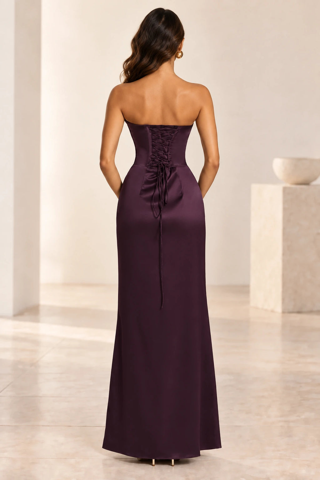 Plum formal gown with corset lace up back detail
