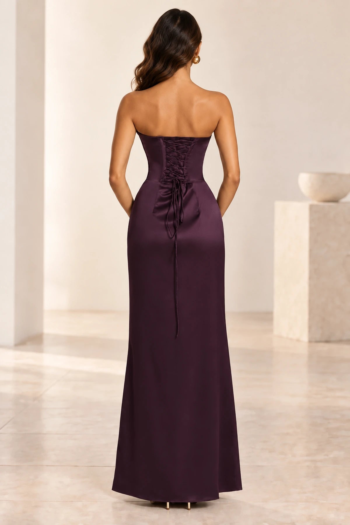 Plum formal gown with corset lace up back detail