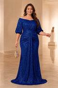 Plus size blue sequin off shoulder mermaid evening dress