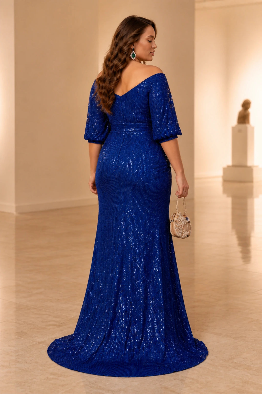 Plus size blue glitter sequin formal dress back view