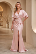 Plus size blush pink V neck batwing sleeve floor length wedding guest dress