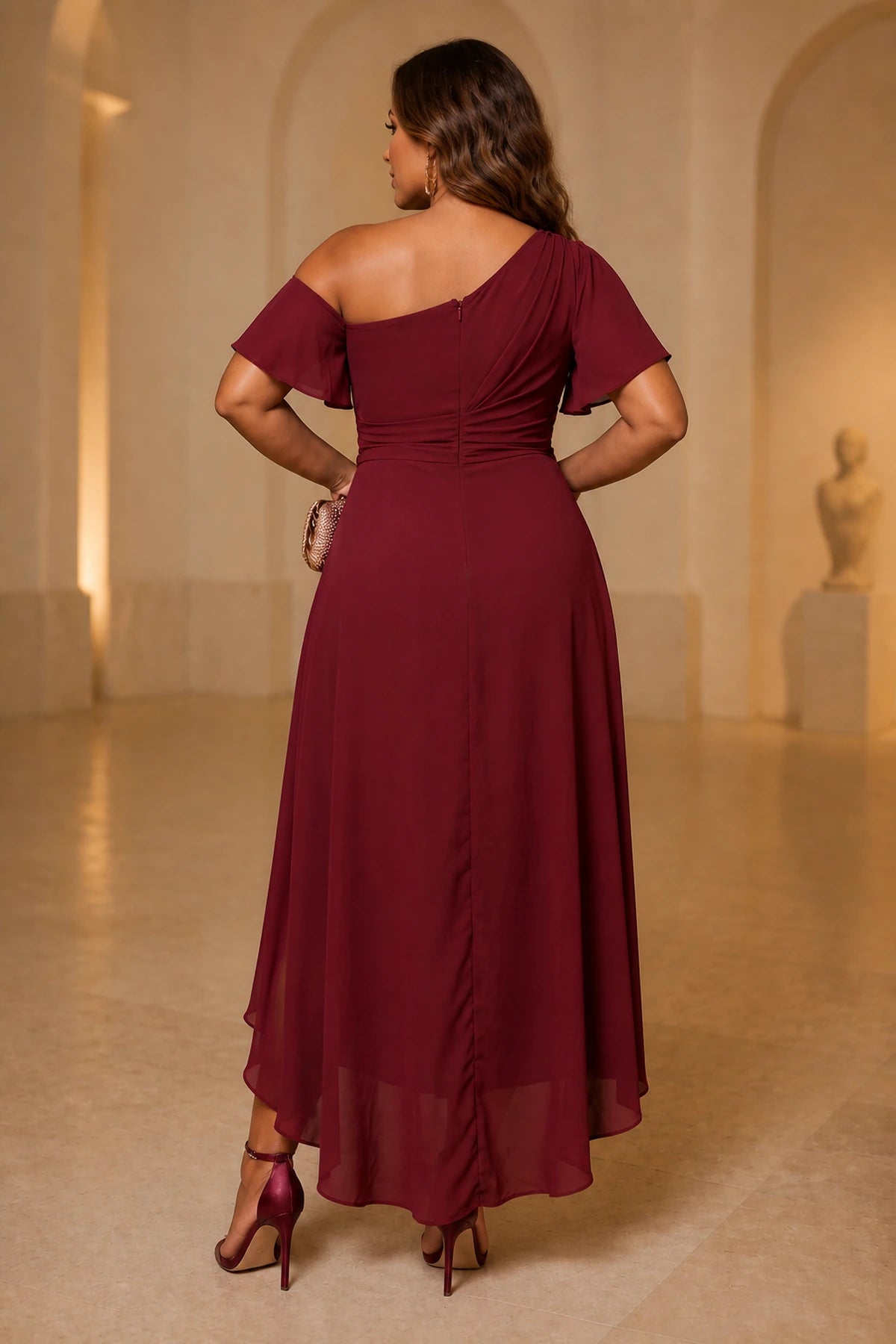 Plus size burgundy mother of the bride dress with asymmetric back and zipper