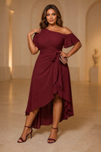 Plus size burgundy asymmetric neck high low mother of the bride dress front view
