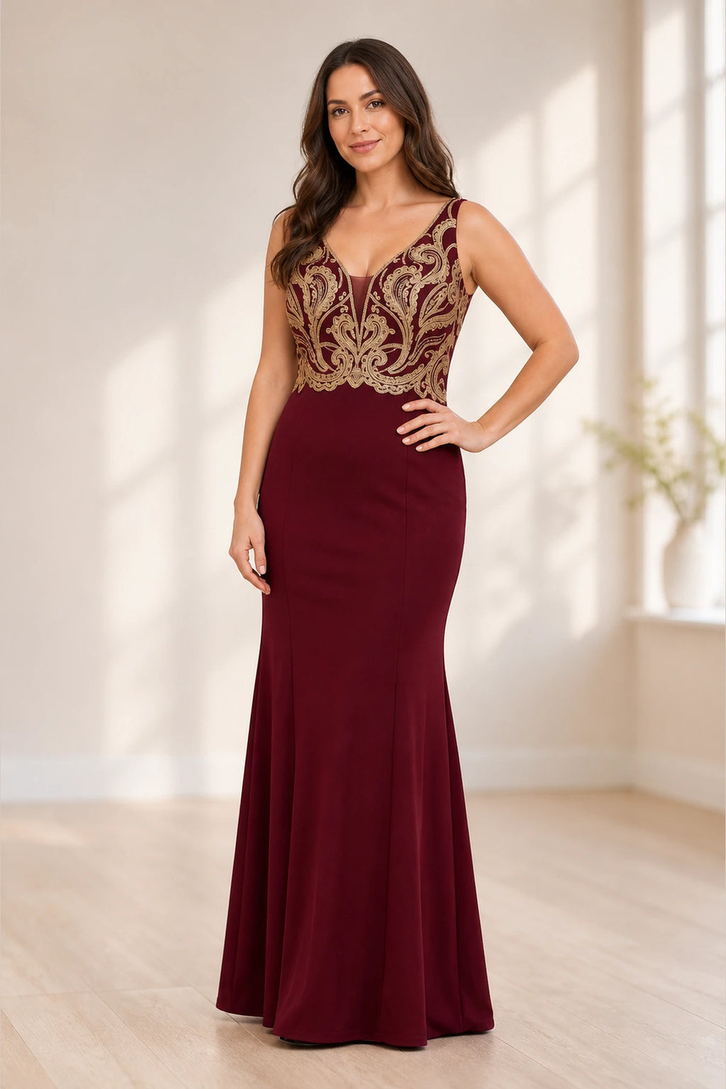 Plus size burgundy mermaid evening dress with V neckline and gold lace bodice