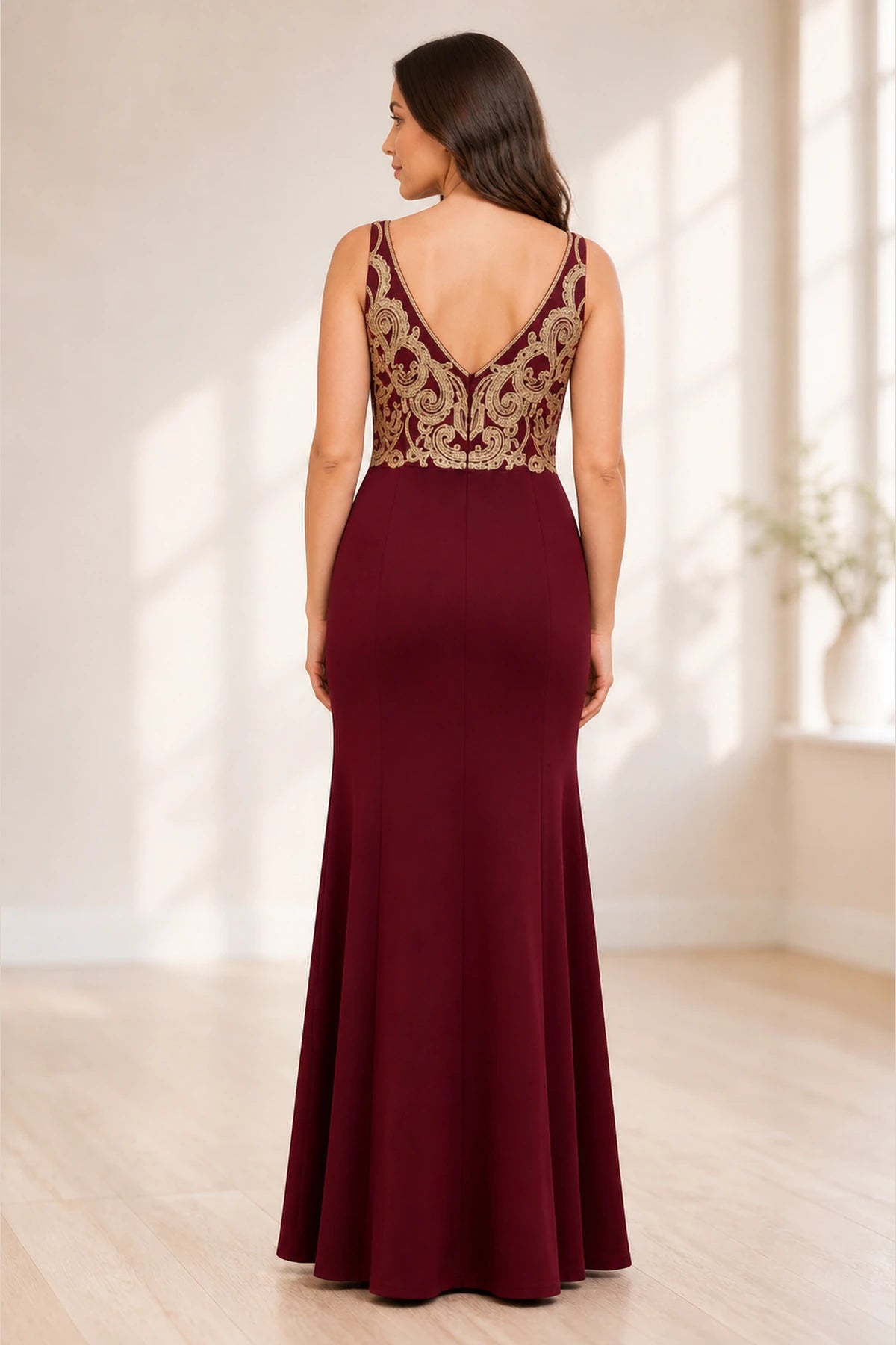 Plus size burgundy formal dress with V back and embroidered lace details