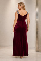 Plus size burgundy velvet mother of the bride dress with V neckline sequin shoulders and side slit