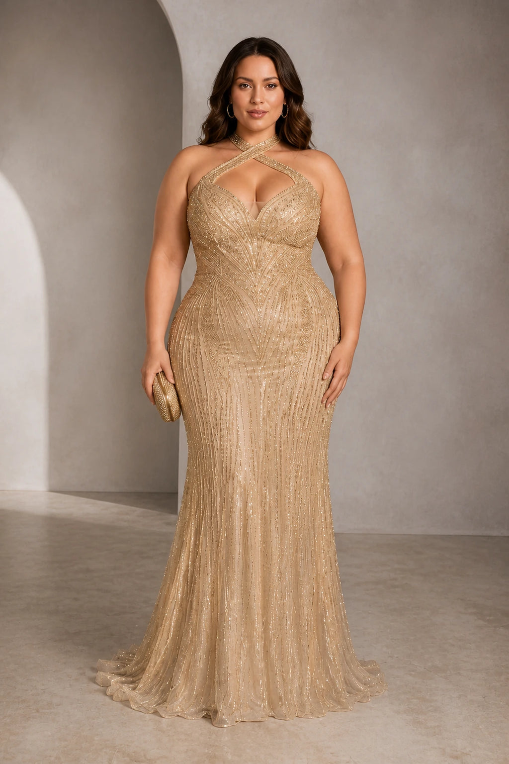 Plus size champagne beaded halter evening dress with mermaid silhouette
