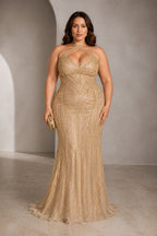 Plus size champagne beaded halter evening dress with mermaid silhouette
