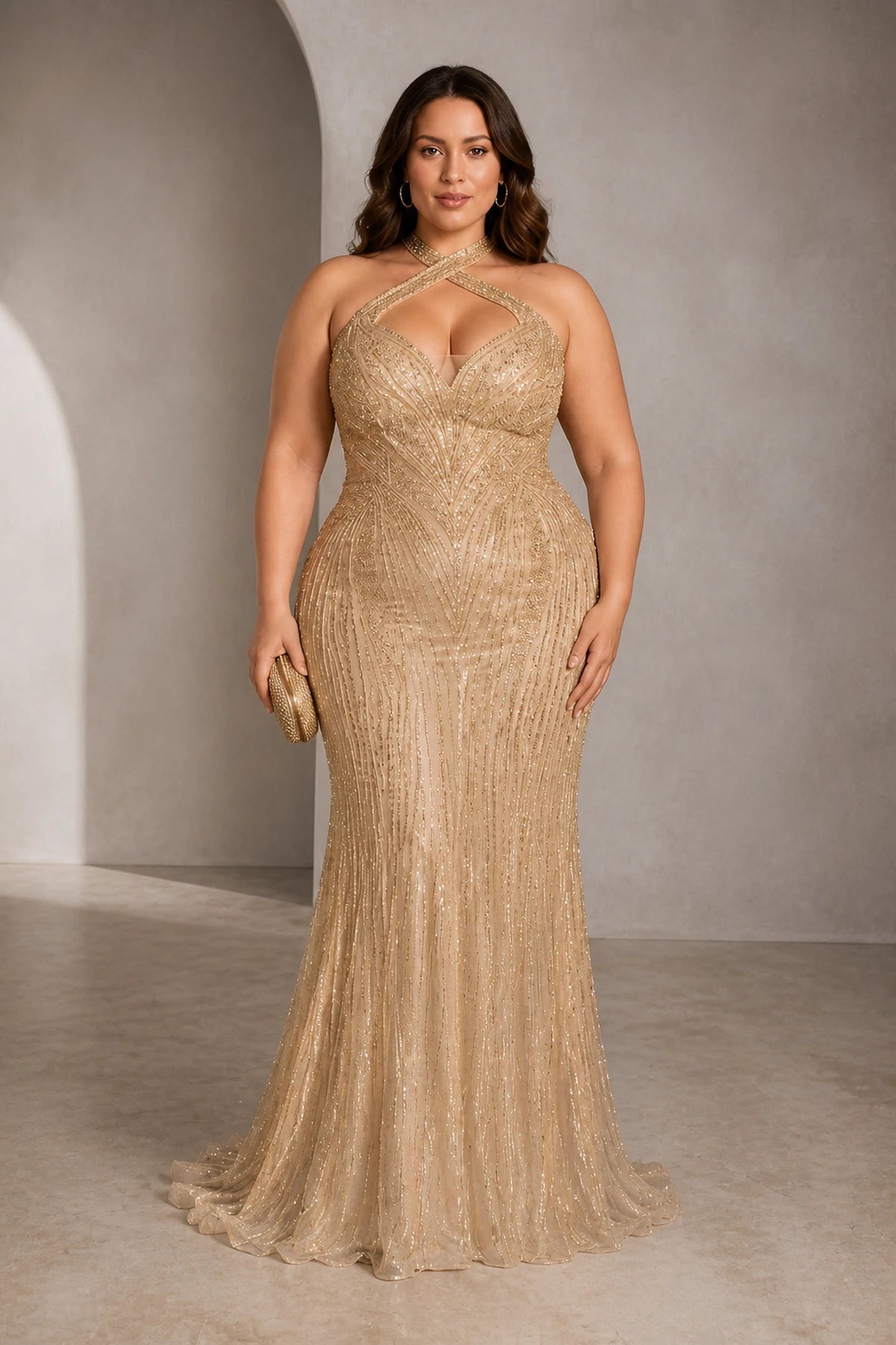 Plus size champagne beaded halter evening dress with mermaid silhouette

