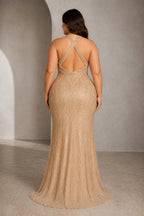 Plus size champagne mermaid dress with cross back open back design