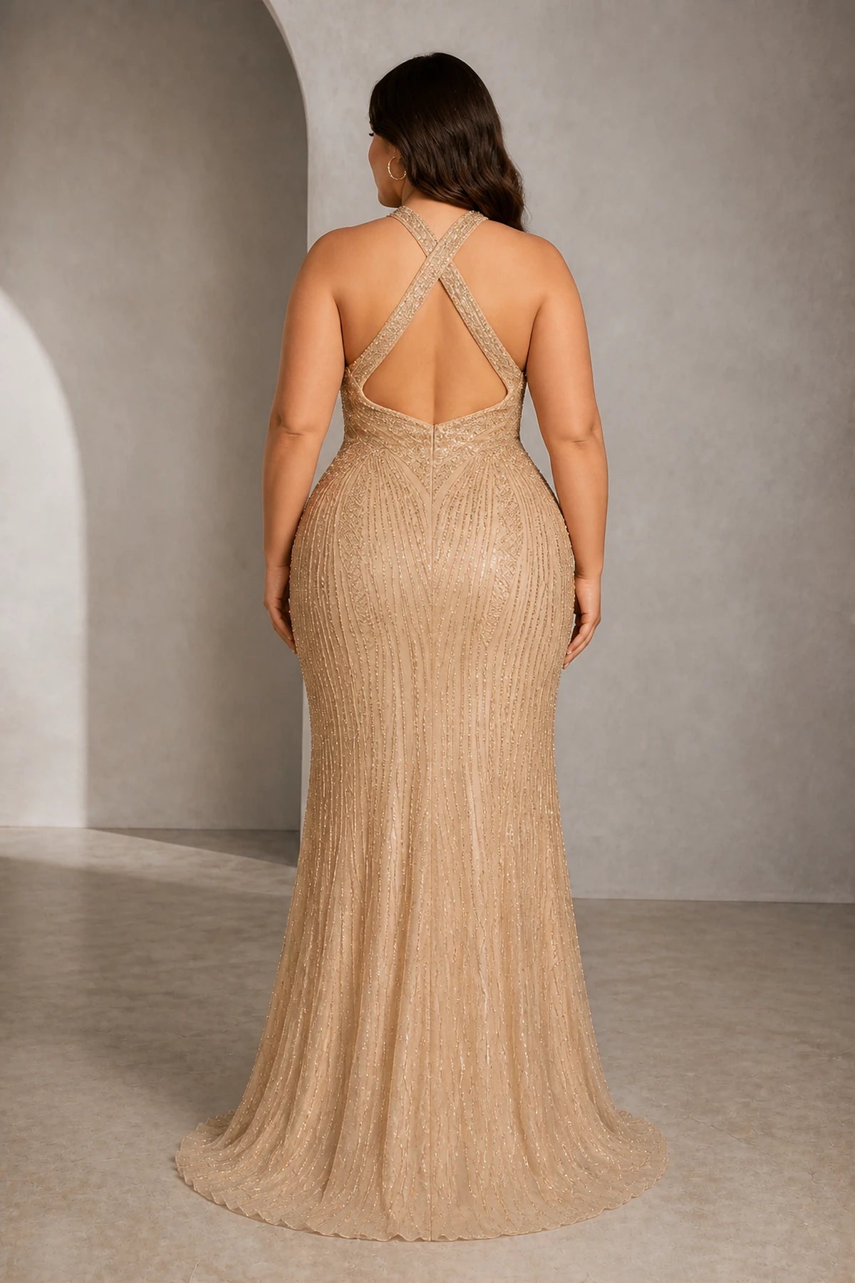 Plus size champagne mermaid dress with cross back open back design