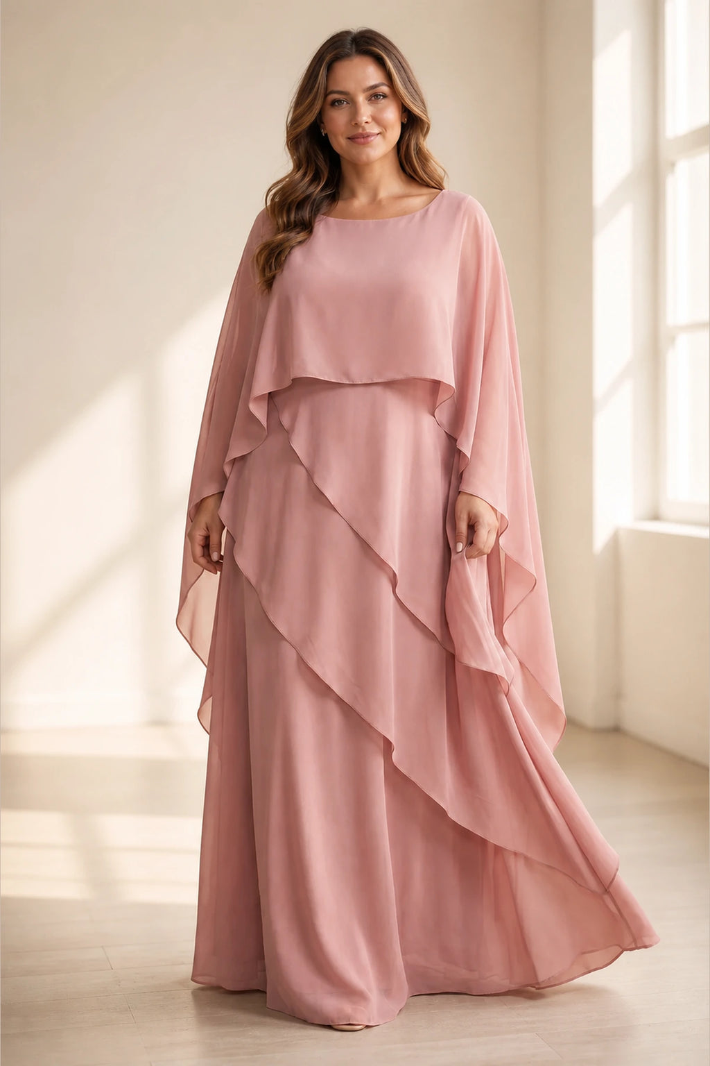 Plus size dusty rose cape sleeve floor length mother of the bride dress front view