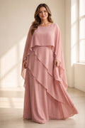 Plus size dusty rose cape sleeve floor length mother of the bride dress front view