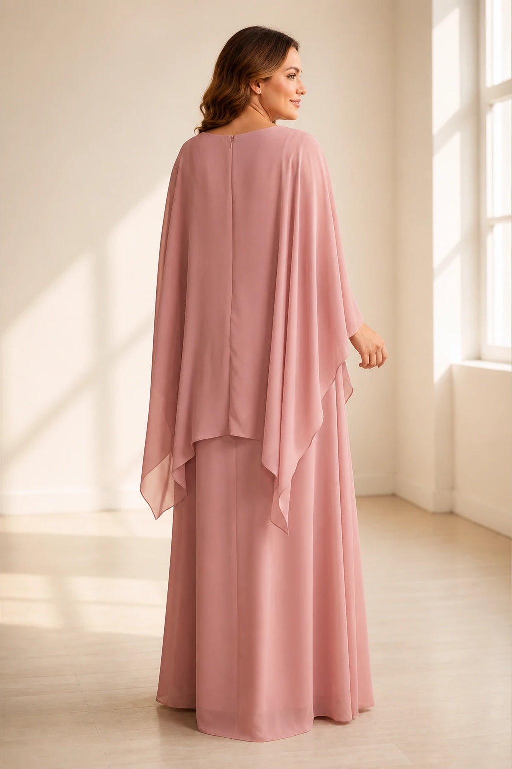 Plus size dusty rose mother of the bride dress with cape sleeves and zip back