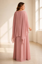 Plus size dusty rose mother of the bride dress with cape sleeves and zip back