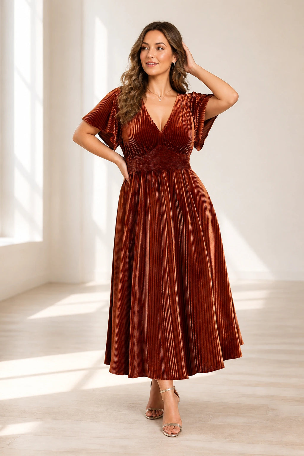 Romantic Plus Size A-Line V-Neck Flutter Sleeve Tea-Length Mother of the Bride Dress