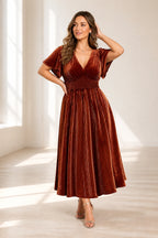 Romantic Plus Size A-Line V-Neck Flutter Sleeve Tea-Length Mother of the Bride Dress