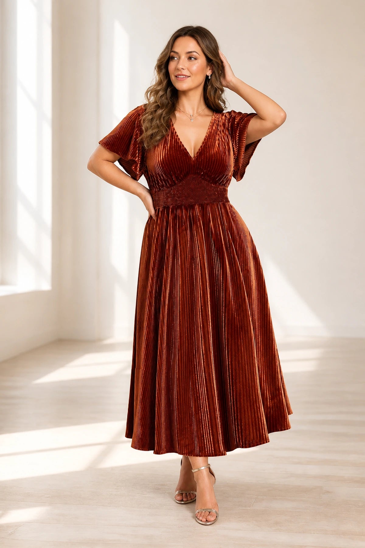 Romantic Plus Size A-Line V-Neck Flutter Sleeve Tea-Length Mother of the Bride Dress