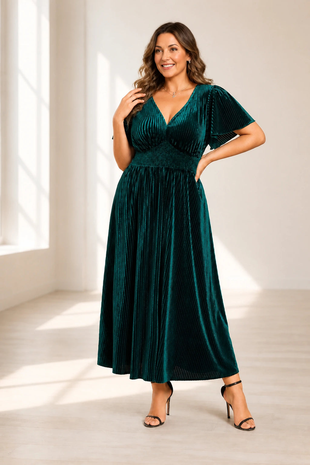 Romantic Plus Size A-Line V-Neck Flutter Sleeve Tea-Length Mother of the Bride Dress