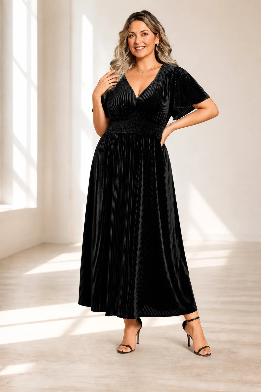 Romantic Plus Size A-Line V-Neck Flutter Sleeve Tea-Length Mother of the Bride Dress