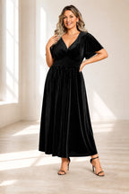 Romantic Plus Size A-Line V-Neck Flutter Sleeve Tea-Length Mother of the Bride Dress
