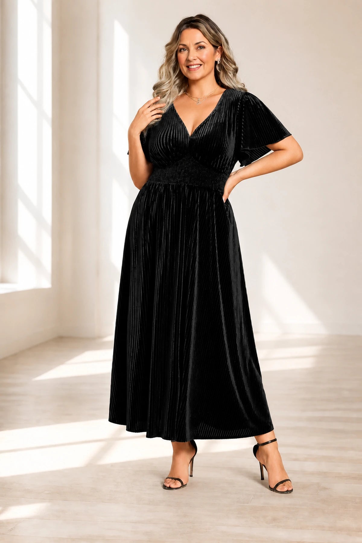 Romantic Plus Size A-Line V-Neck Flutter Sleeve Tea-Length Mother of the Bride Dress