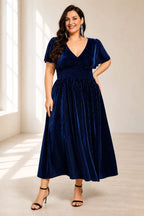 Romantic Plus Size A-Line V-Neck Flutter Sleeve Tea-Length Mother of the Bride Dress