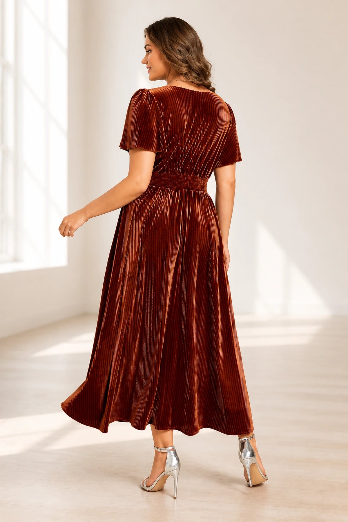 Romantic Plus Size A-Line V-Neck Flutter Sleeve Tea-Length Mother of the Bride Dress