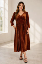 Elegant Plus Size V-Neck Long Sleeve Pleated Velvet Tea-Length Mother of the Bride Dress