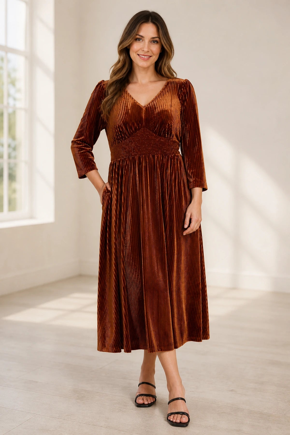 Elegant Plus Size V-Neck Long Sleeve Pleated Velvet Tea-Length Mother of the Bride Dress