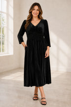 Elegant Plus Size V-Neck Long Sleeve Pleated Velvet Tea-Length Mother of the Bride Dress