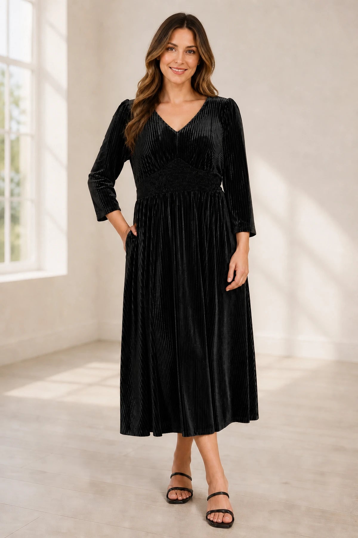 Elegant Plus Size V-Neck Long Sleeve Pleated Velvet Tea-Length Mother of the Bride Dress