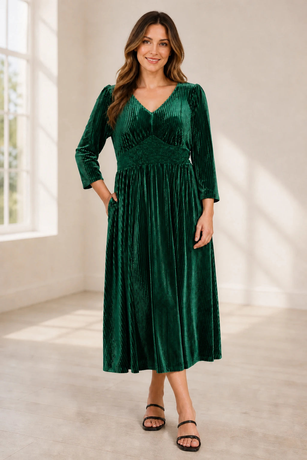 Plus size emerald green velvet mother of the bride dress with V neckline long sleeves and pleated tea length skirt