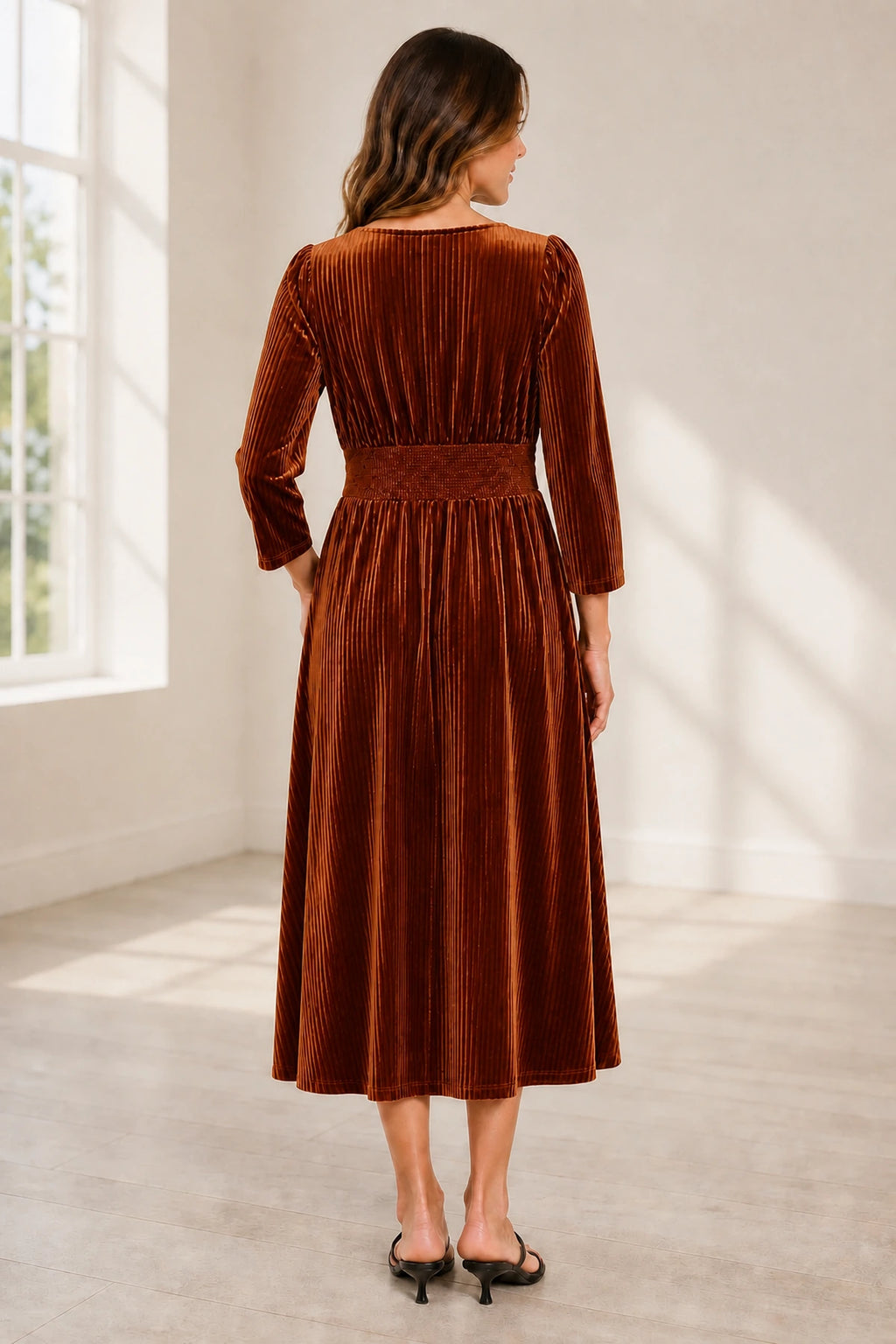 Elegant Plus Size V-Neck Long Sleeve Pleated Velvet Tea-Length Mother of the Bride Dress