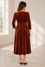Elegant Plus Size V-Neck Long Sleeve Pleated Velvet Tea-Length Mother of the Bride Dress