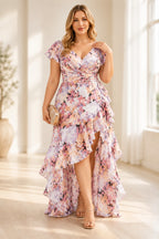 Plus size pastel floral V neck flutter sleeve mother of the bride dress front view