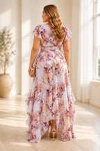 Plus size floral mother of the bride dress with closed back and high low skirt