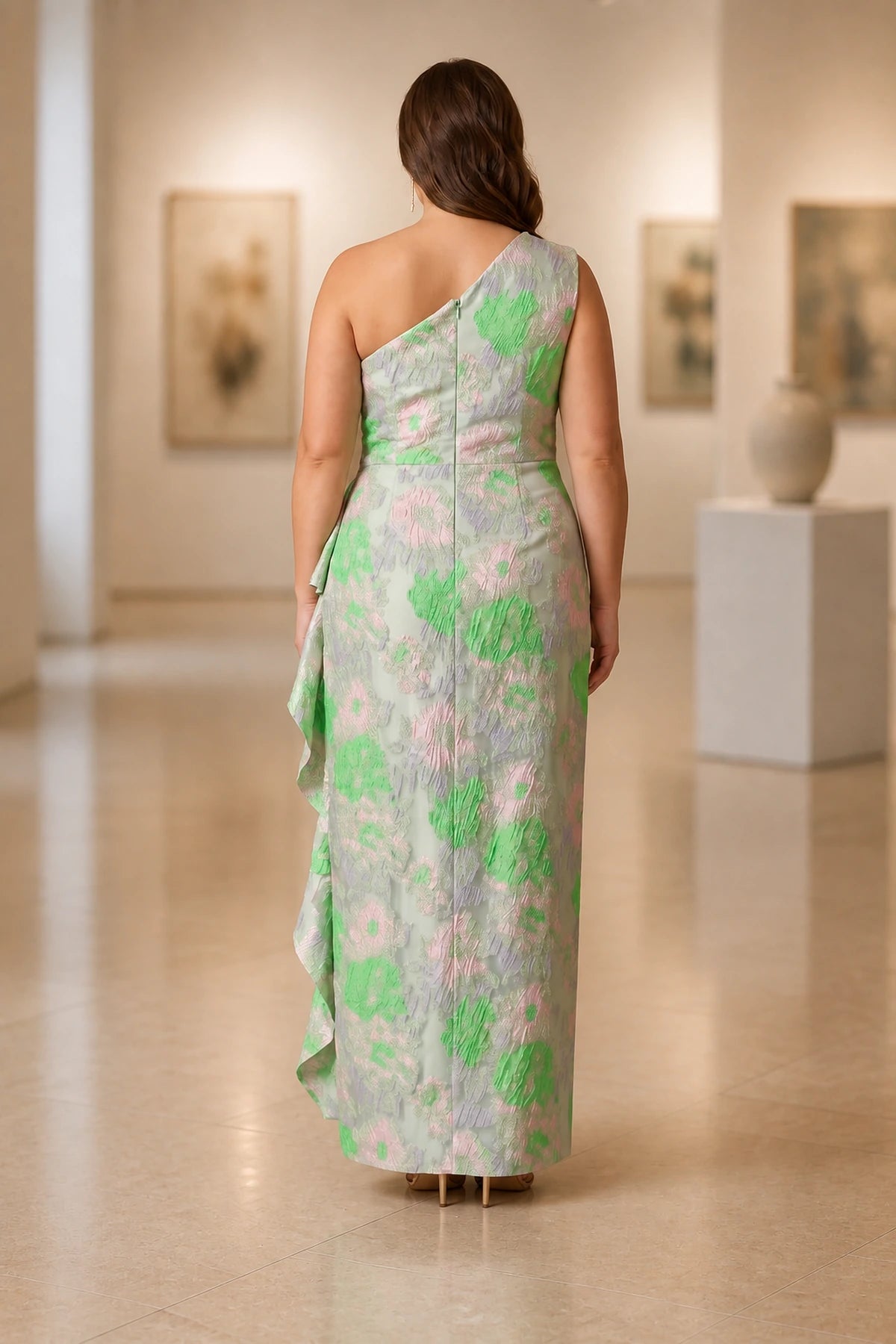 Back view of GraceProm plus size floral one shoulder wedding guest dress with zipper back and floor length column skirt