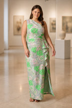 Plus size sage floral one shoulder floor length wedding guest dress with side ruffle and front slit by GraceProm
