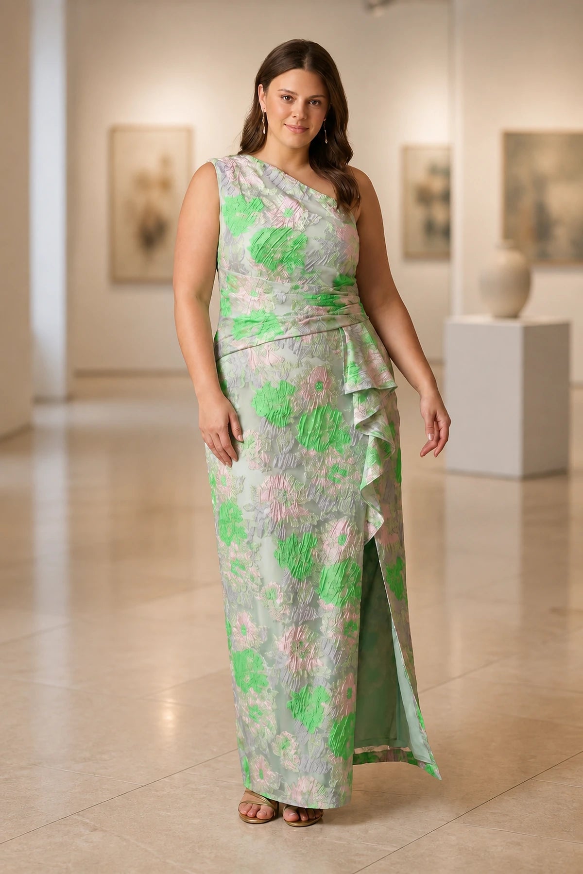 Plus size sage floral one shoulder floor length wedding guest dress with side ruffle and front slit by GraceProm
