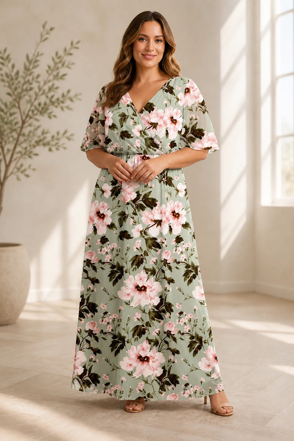 Plus size green floral A line wedding guest dress with short sleeves
