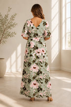 Plus size floral print long formal dress back view