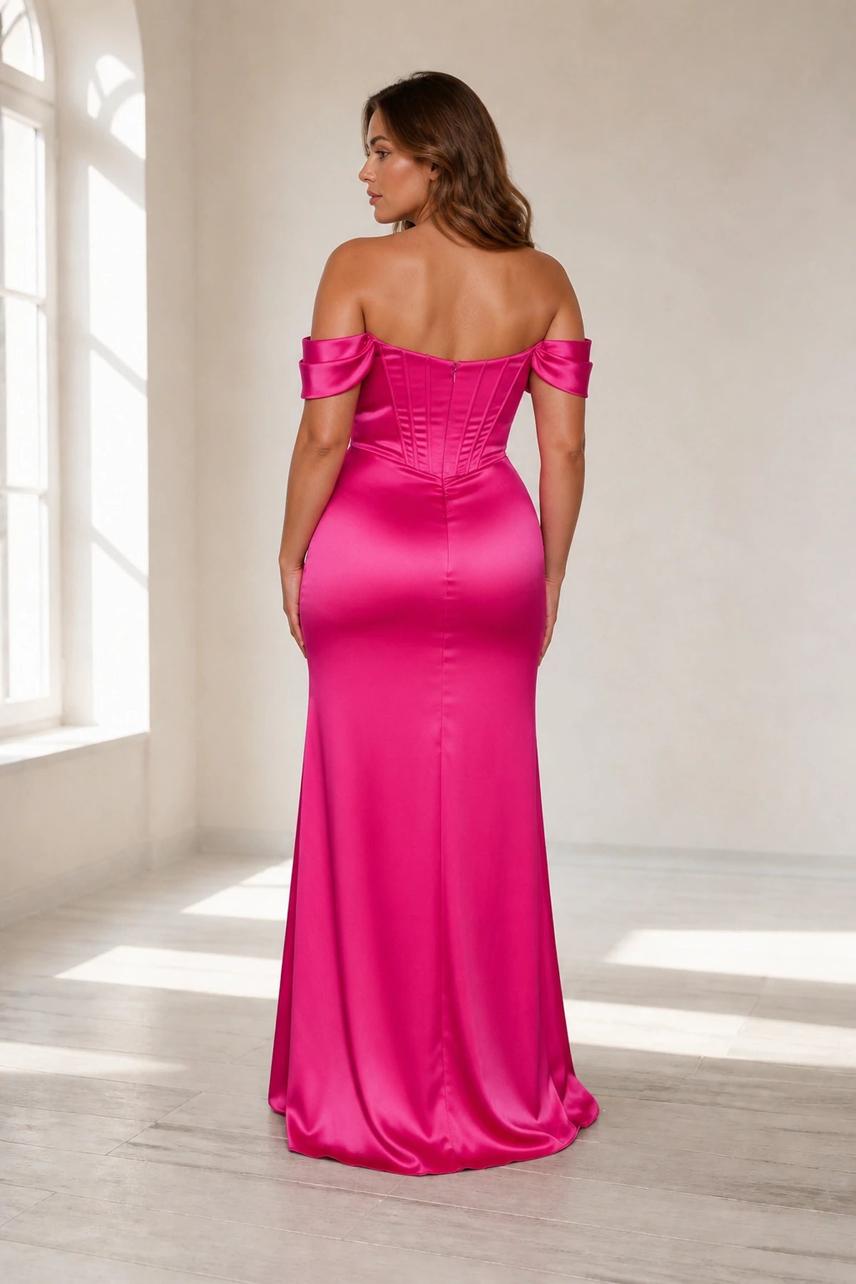 Plus size fuchsia long prom dress with zipper back and fitted mermaid silhouette