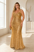 Plus size gold sequin mermaid prom dress with V neckline and shoulder straps