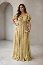 Radiant Plus Size A-Line V-Neck Puff-Sleeve V-Back Floor-Length Wedding Guest Dress