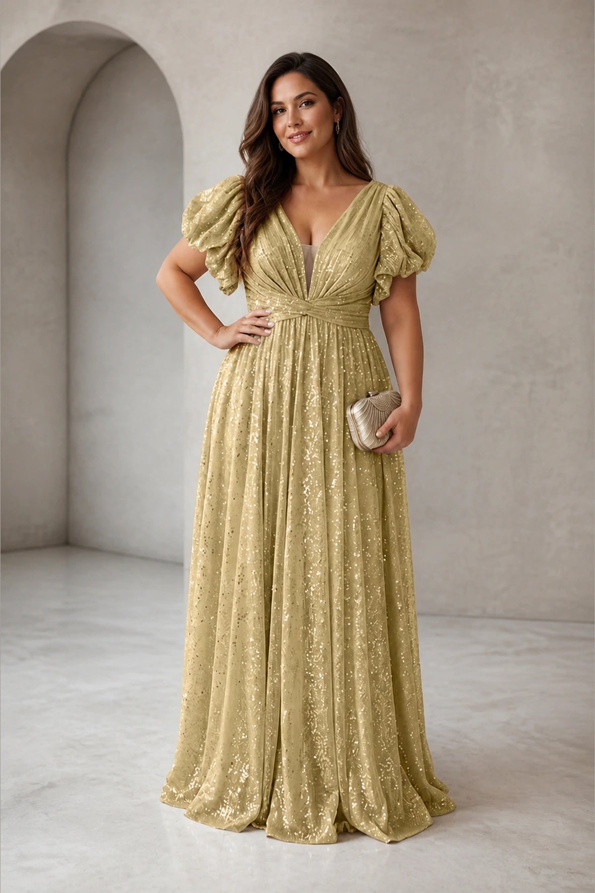 Radiant Plus Size A-Line V-Neck Puff-Sleeve V-Back Floor-Length Wedding Guest Dress