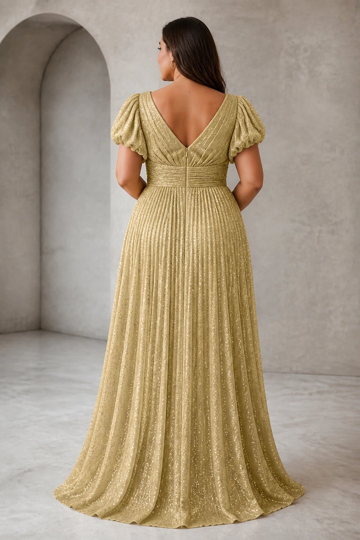 Radiant Plus Size A-Line V-Neck Puff-Sleeve V-Back Floor-Length Wedding Guest Dress