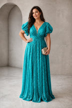 Radiant Plus Size A-Line V-Neck Puff-Sleeve V-Back Floor-Length Wedding Guest Dress