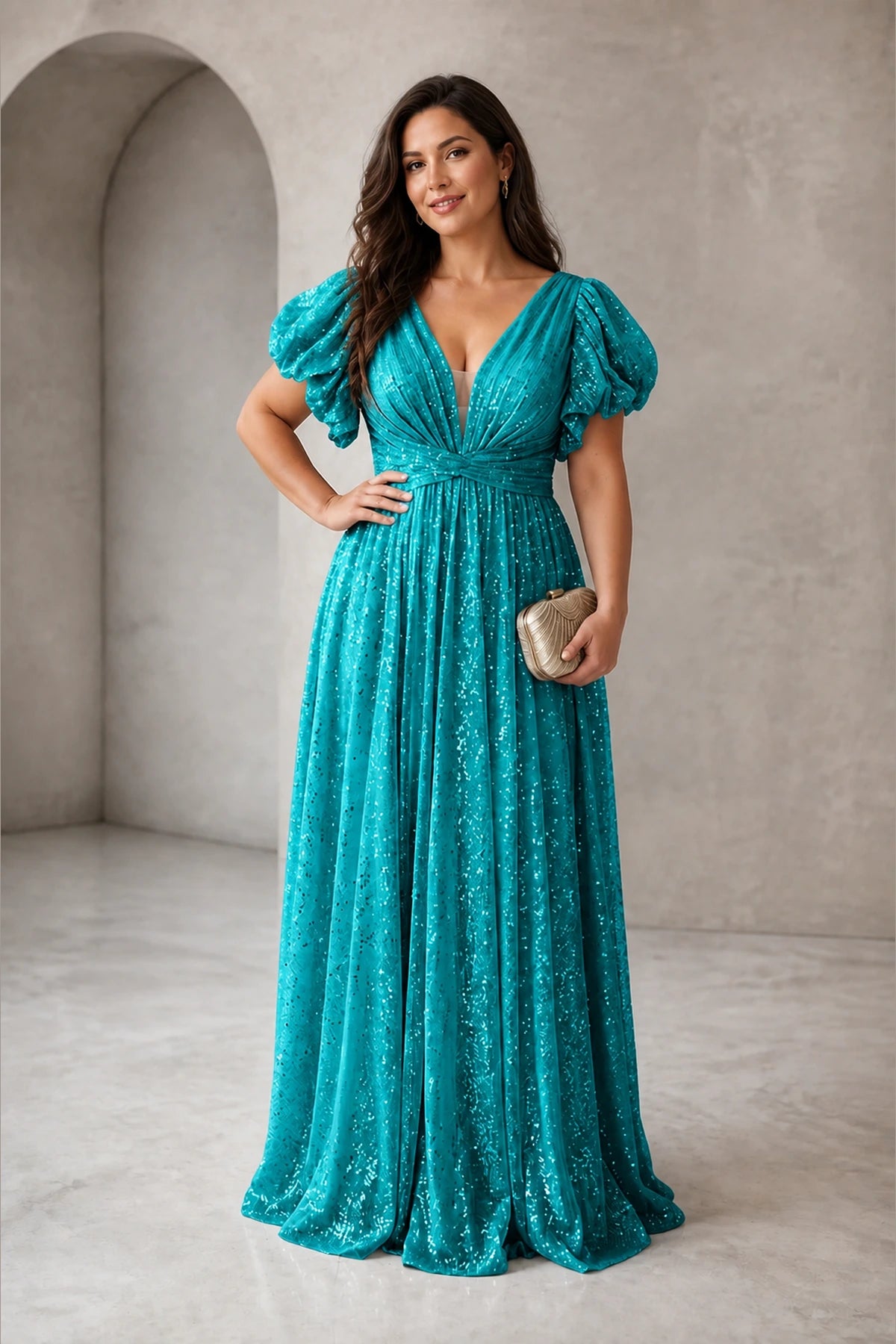 Radiant Plus Size A-Line V-Neck Puff-Sleeve V-Back Floor-Length Wedding Guest Dress