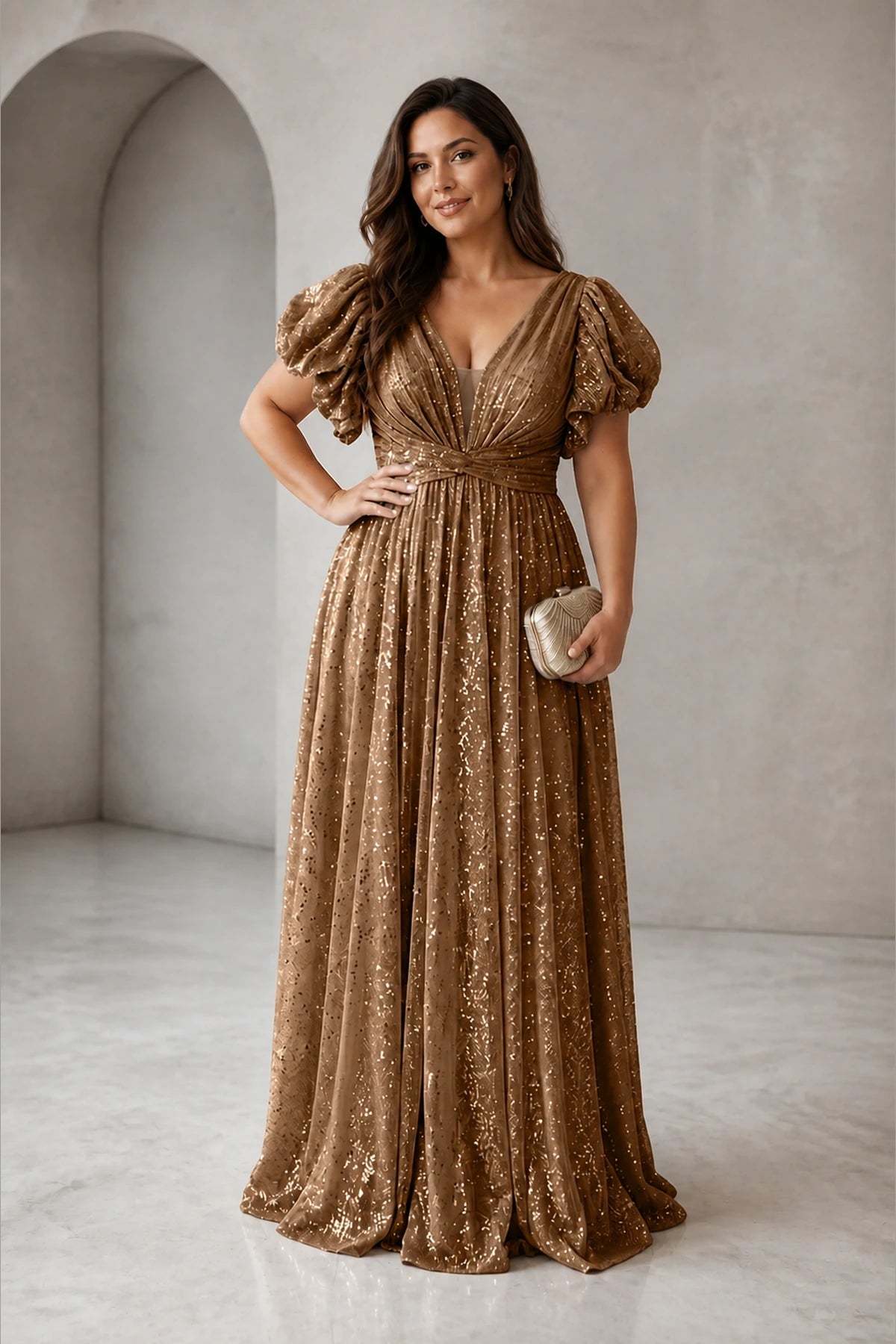 Radiant Plus Size A-Line V-Neck Puff-Sleeve V-Back Floor-Length Wedding Guest Dress